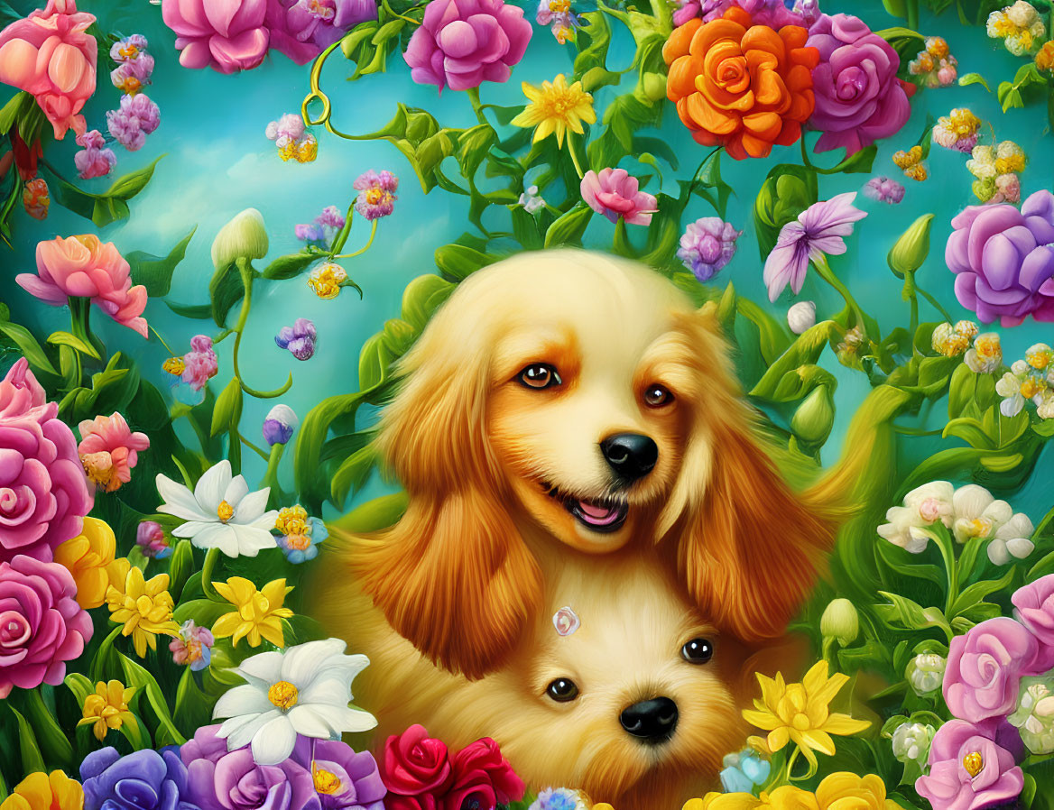 Colorful Cartoon Dogs Surrounded by Flowers and Greenery