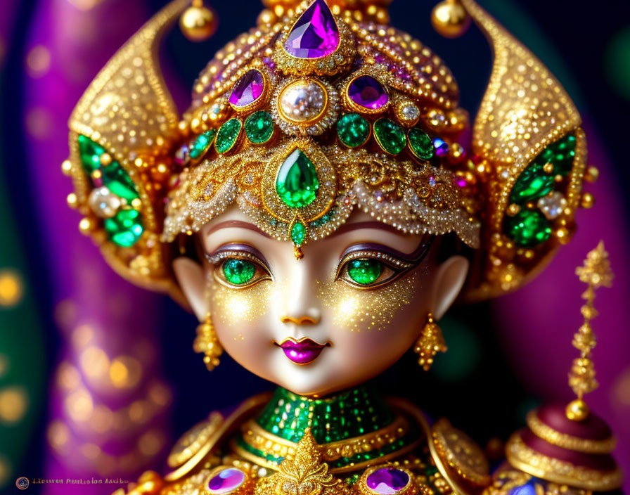 Colorful Ornate Figurine with Golden Crown and Gemstones