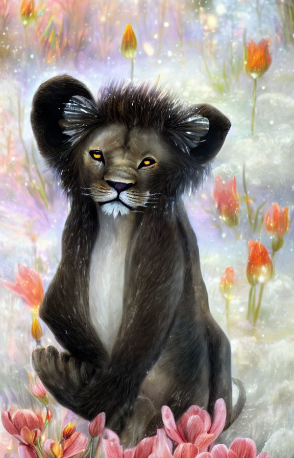 Whimsical lion painting with human-like face, tulips, and snowflakes