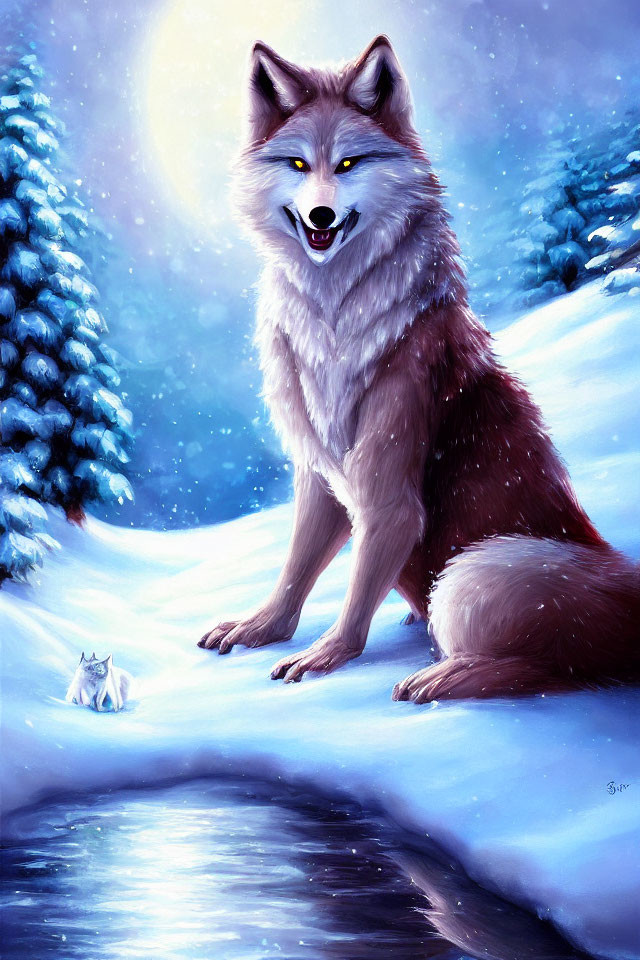 Digital painting: Red wolf in snowy landscape with pine trees & small white wolf.