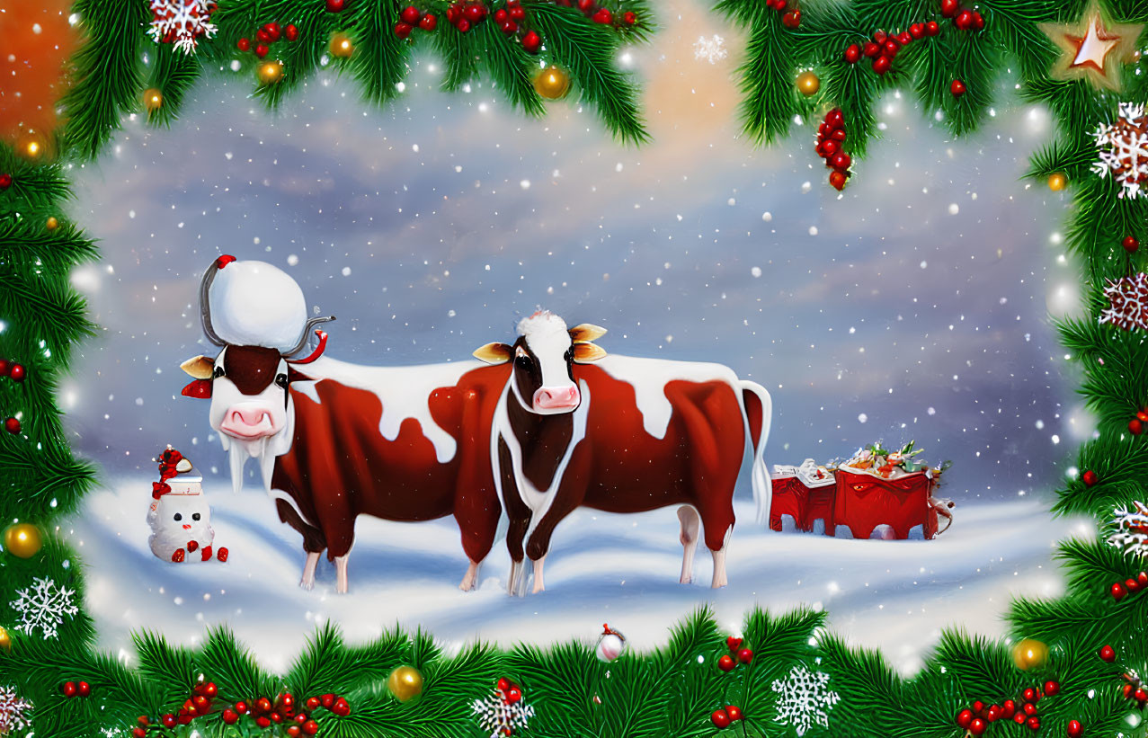 Festive winter cartoon scene with two cows, snowman, tree, decorations, and sleigh