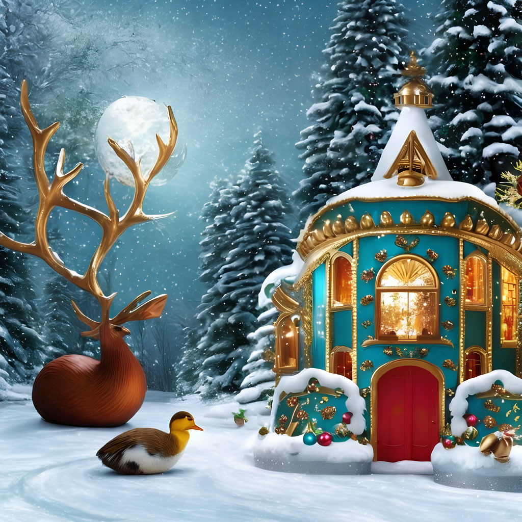 Whimsical teal house in snowy winter scene with duck and reindeer.