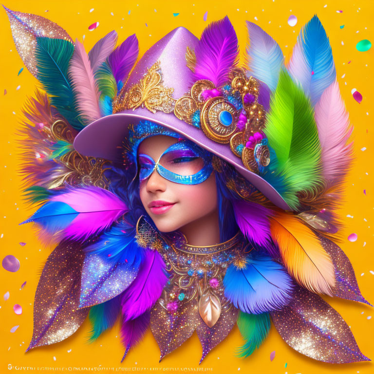 Colorful masquerade portrait with feathered hat and blue mask