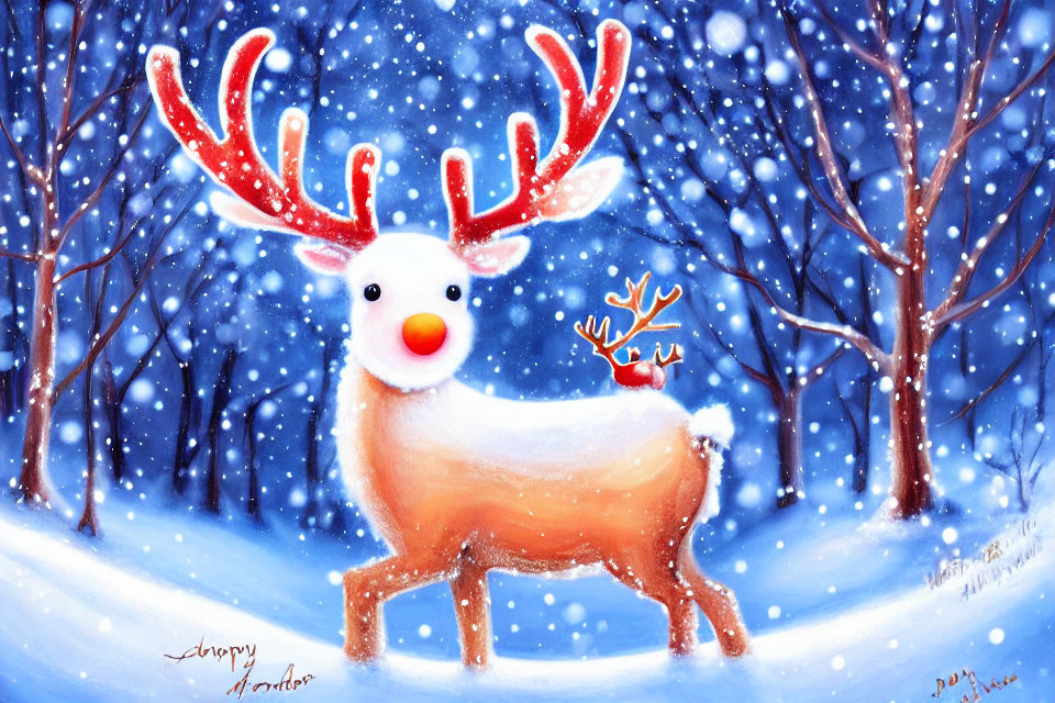 Whimsical painting of large reindeer with glowing red nose in snowy forest