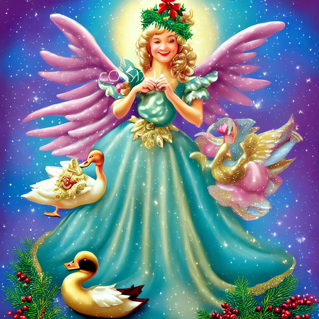 Angel in Green and Gold Dress with Heart, Swans, and Starry Sky