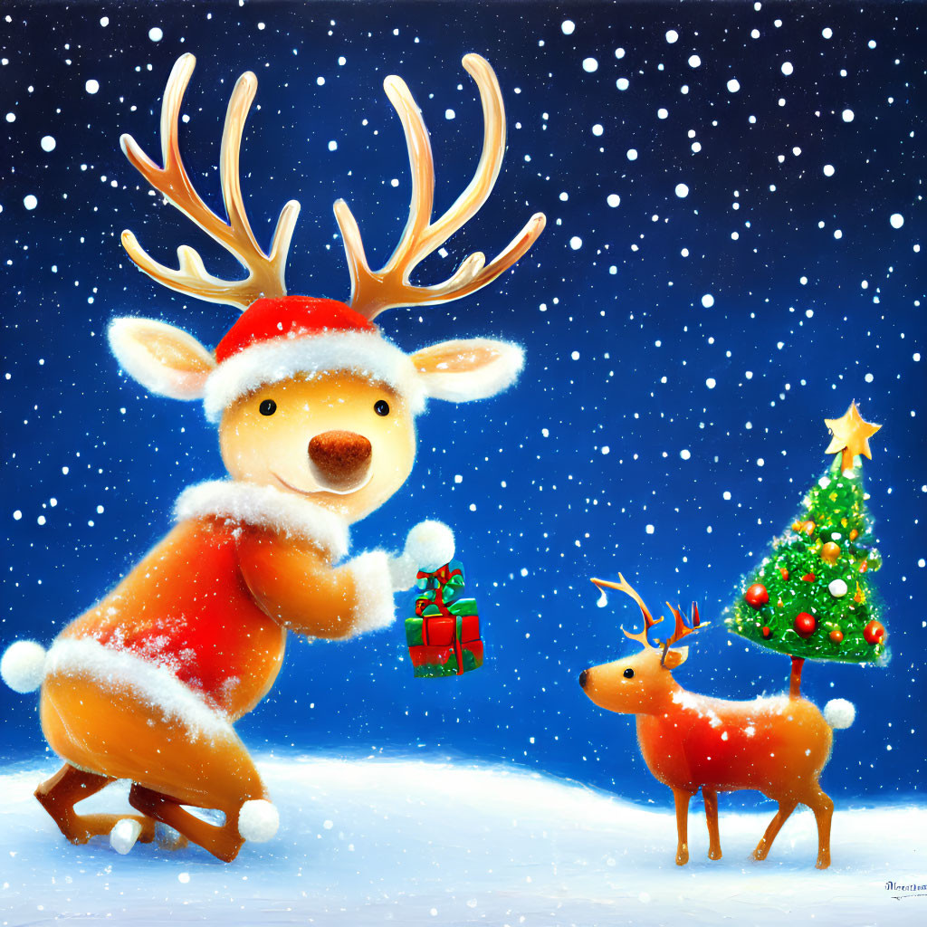 Illustration of Santa hat reindeer giving gift under Christmas tree