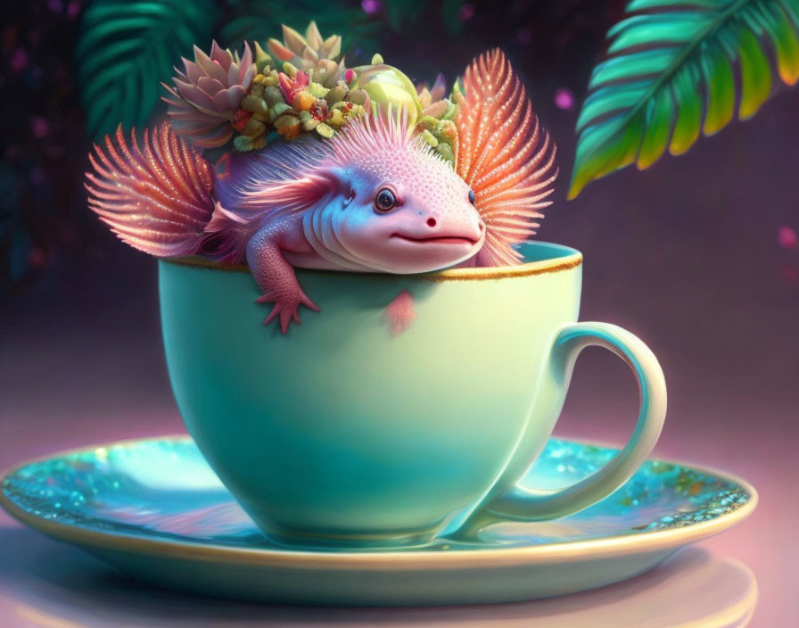 Pink axolotl in teacup with leafy appendages on dreamy backdrop