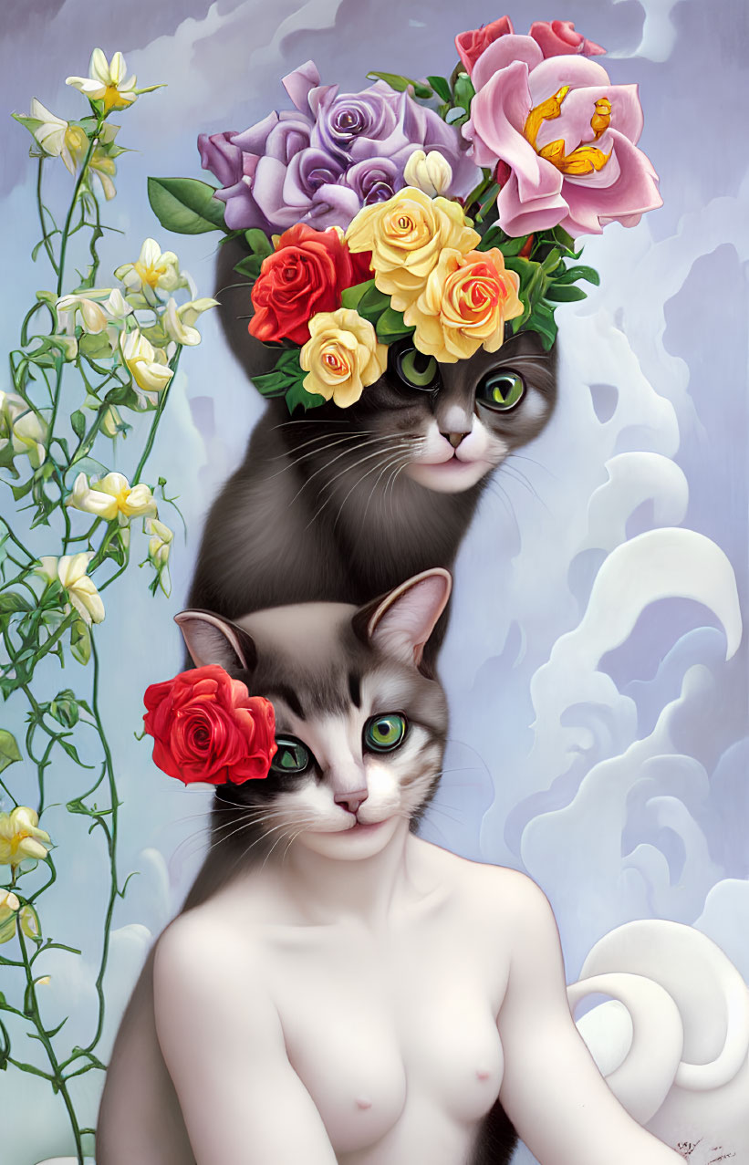 Colorful Cat Humanoid with Small Cat and Flowers on Cloudy Background