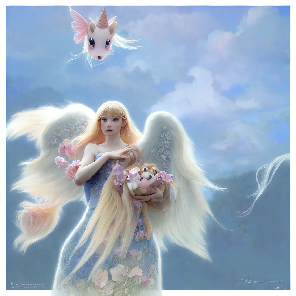 Blonde angel with white wings and unicorn under blue sky