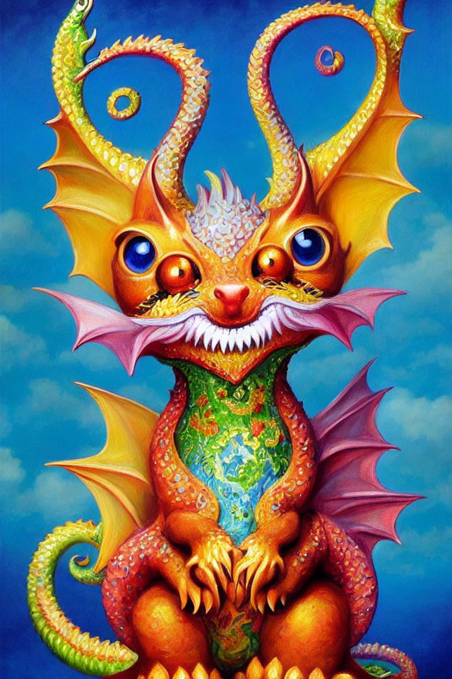 Colorful Whimsical Dragon with Orange Eyes and Elaborate Wings on Blue Background