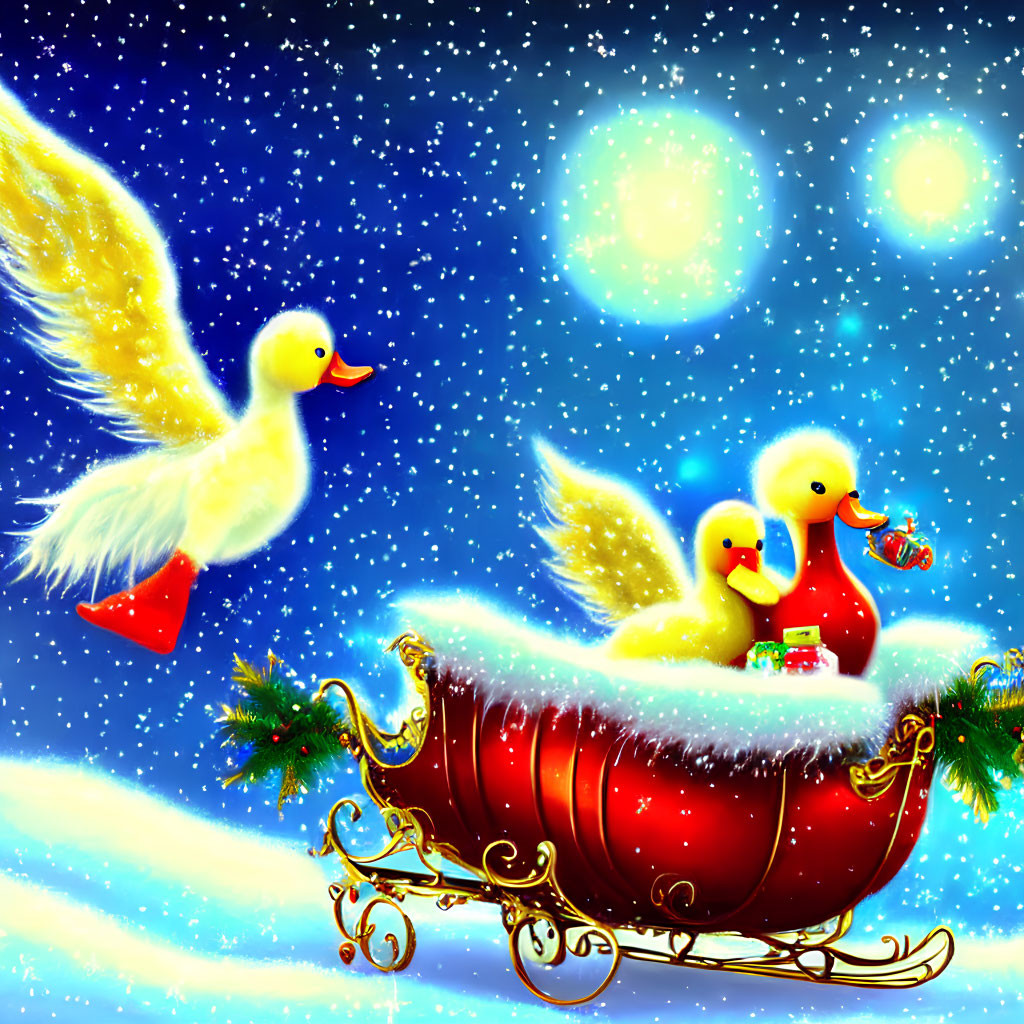 Whimsical rubber ducks with wings in snow-covered sleigh under starry sky