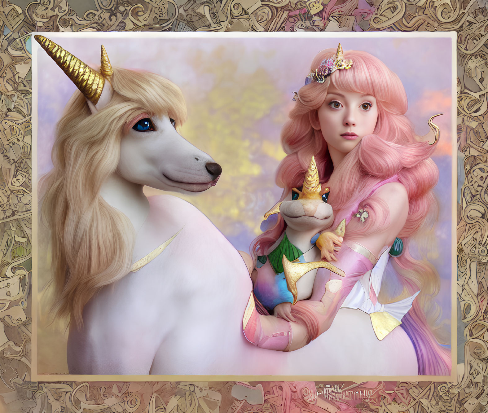 Pink-haired girl with unicorn horn and dragon beside majestic white unicorn