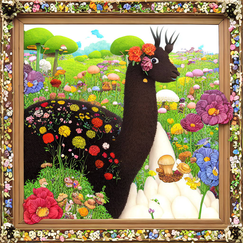 Colorful llama illustration in flowery meadow with decorative frame