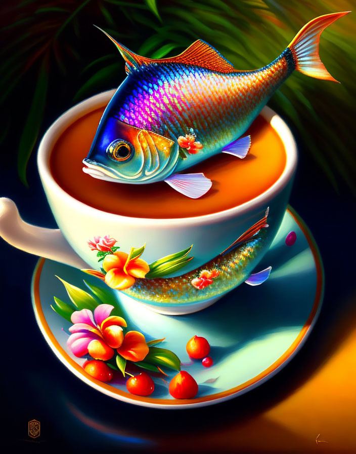 Colorful Fish Leaping from Floral Teacup with Cherries