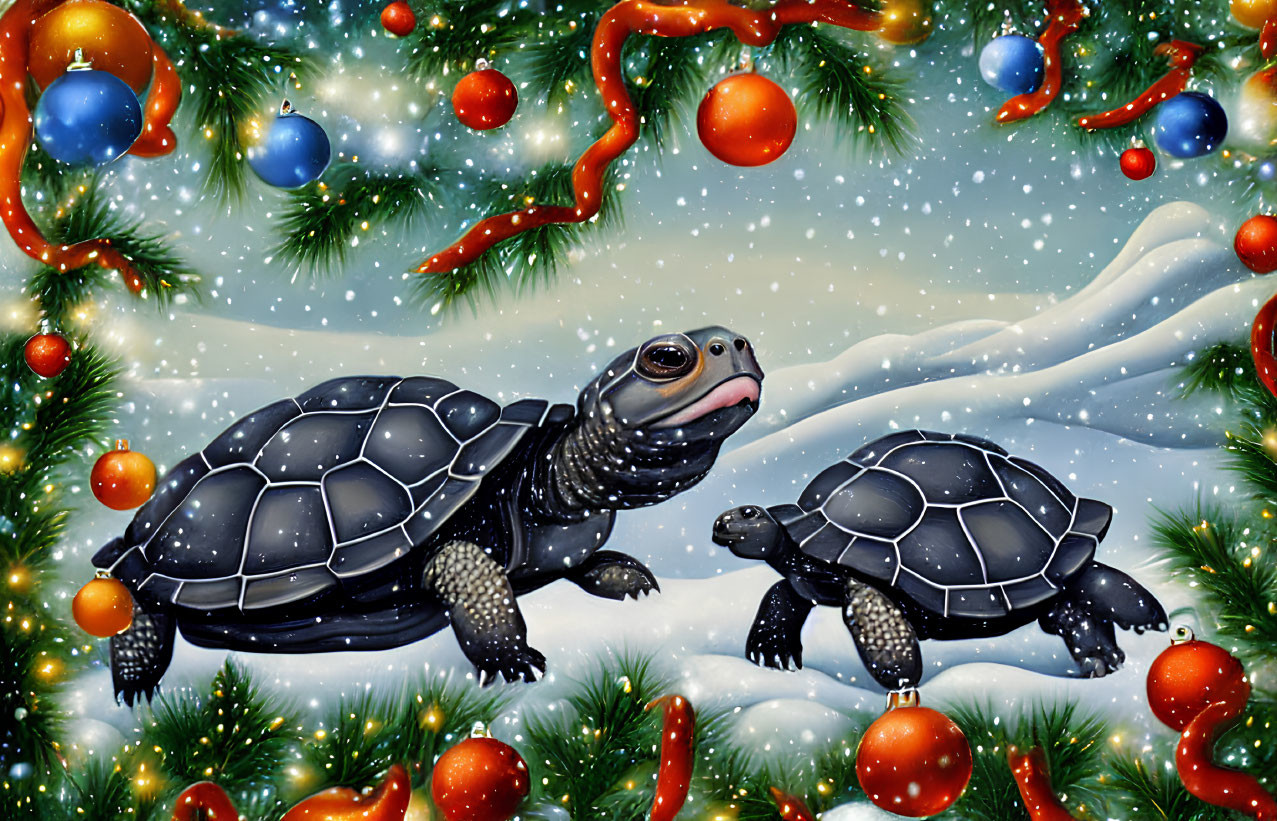 Snowy Christmas scene featuring two turtles and decorated trees