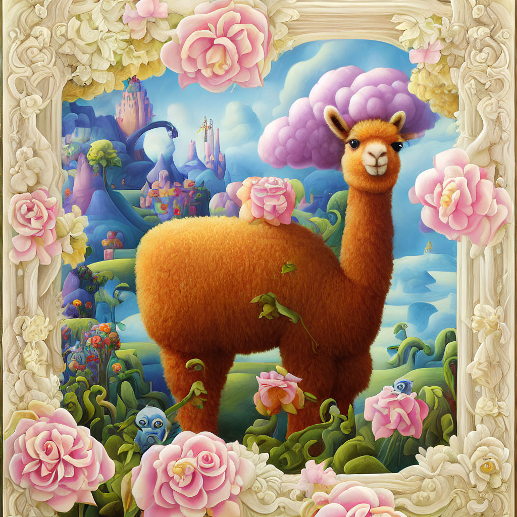 Colorful Alpaca Artwork with Floral and Castle Background