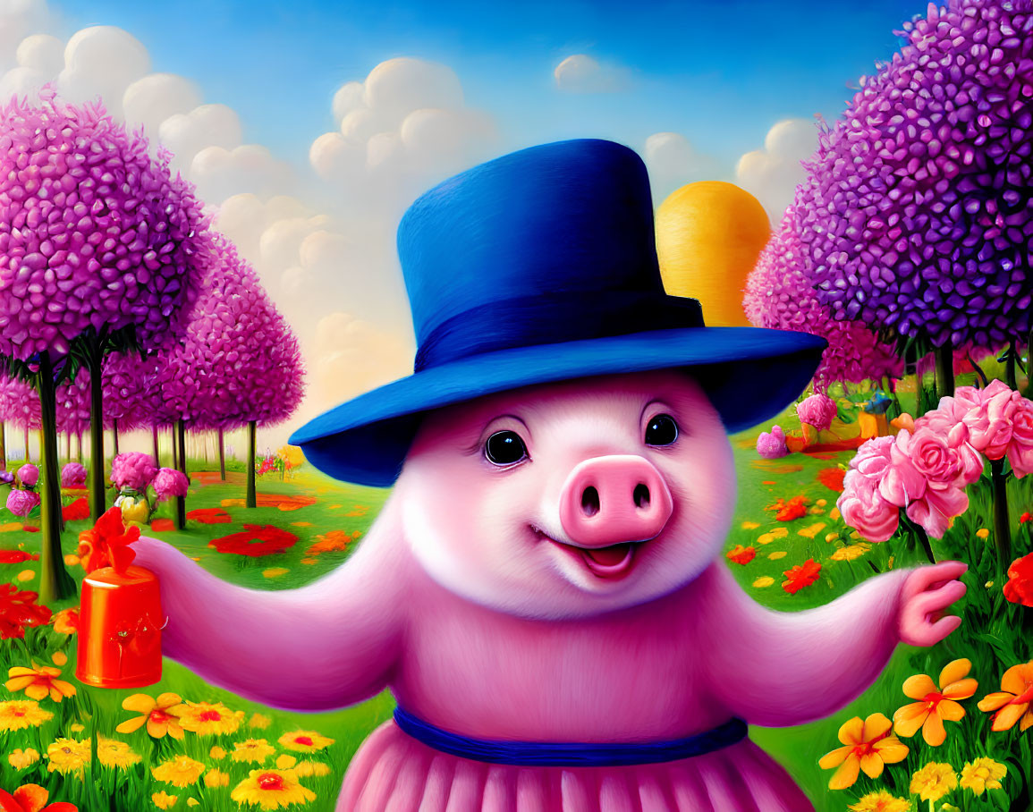 Colorful Cartoon Pig in Blue Hat and Pink Dress Surrounded by Flowers