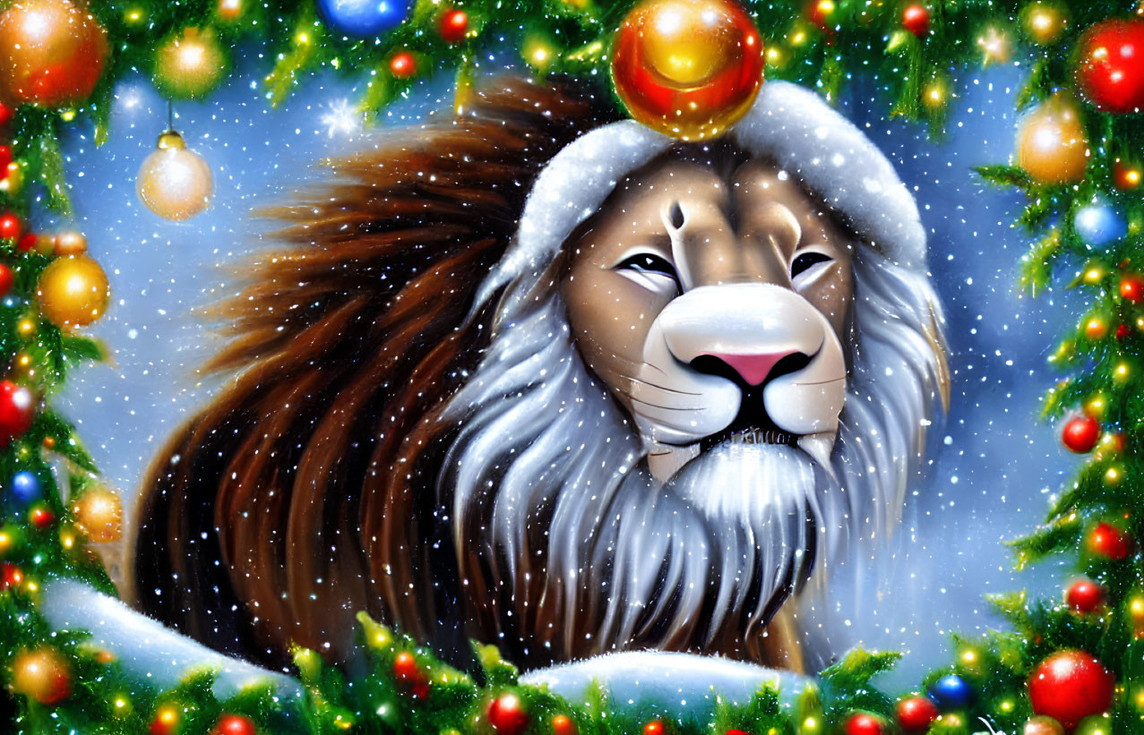 Majestic lion in winter wonderland with Christmas trees