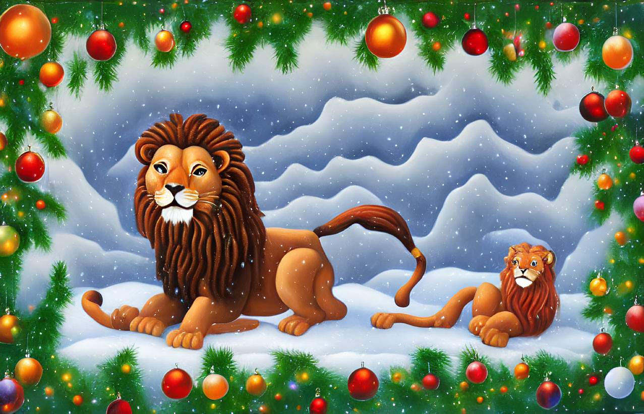 Cartoon lions in snowy landscape with festive decorations