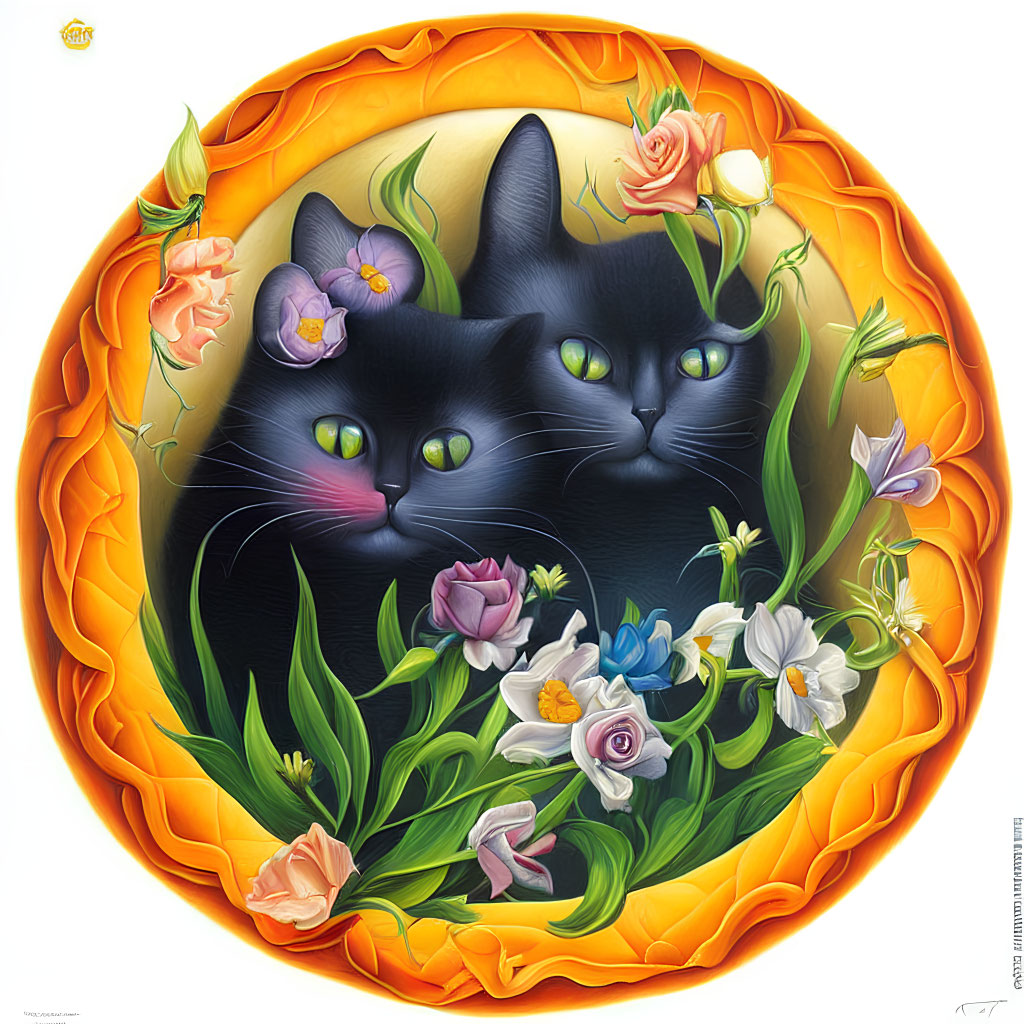 Stylized black cats with floral patterns in circular sun border