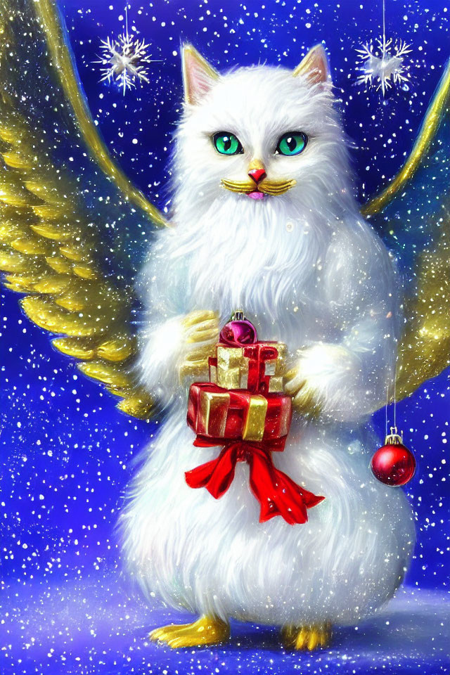 White Cat with Angel Wings Holding Gift in Snowy Blue Winter Scene