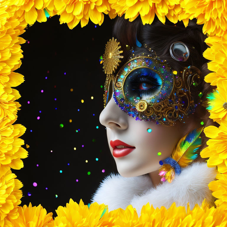 Woman in golden mask with sunflowers and confetti backdrop