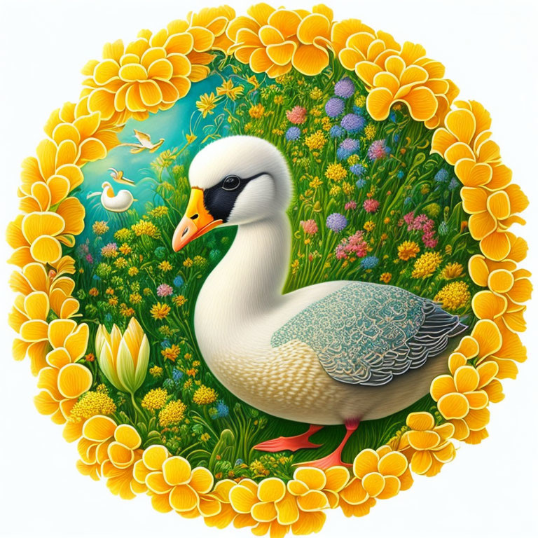 Detailed illustration of duck in floral frame with butterfly