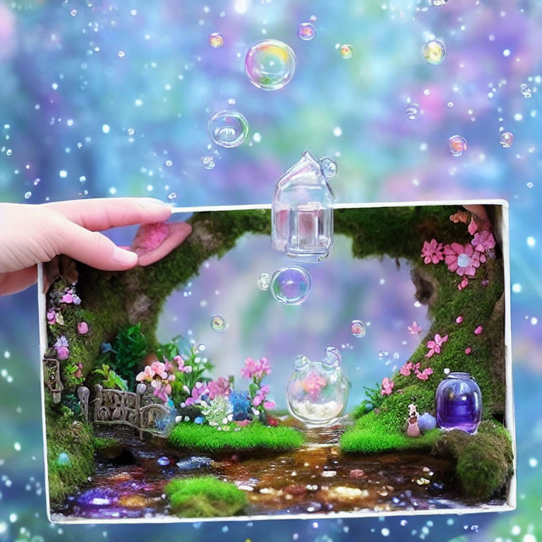 Whimsical drawing of tiny enchanting house in bubbles on sparkling background