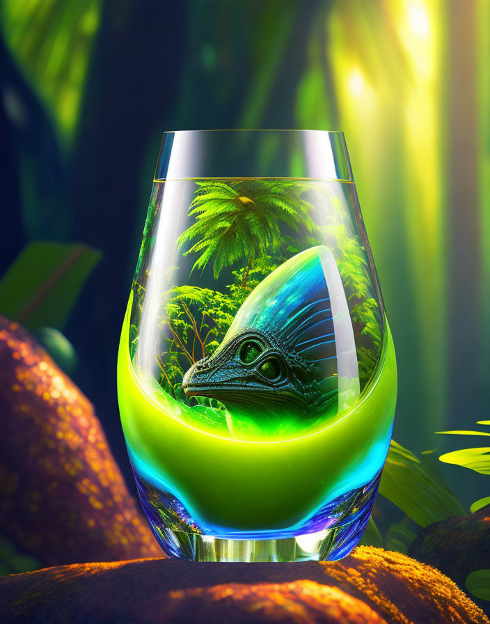 Glass with green liquid and alien creature in lush jungle setting