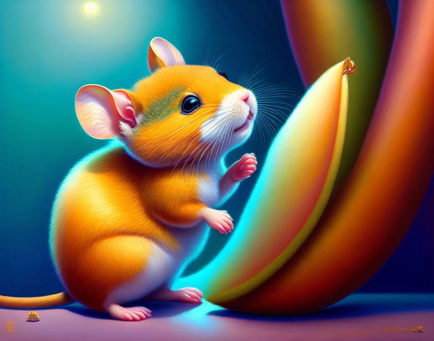 Illustration of orange mouse with large ears and yellow banana peel