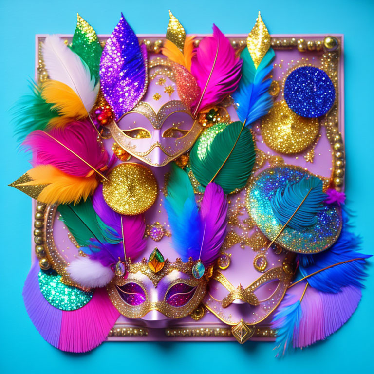 Colorful Feathers Carnival Mask on Blue Background