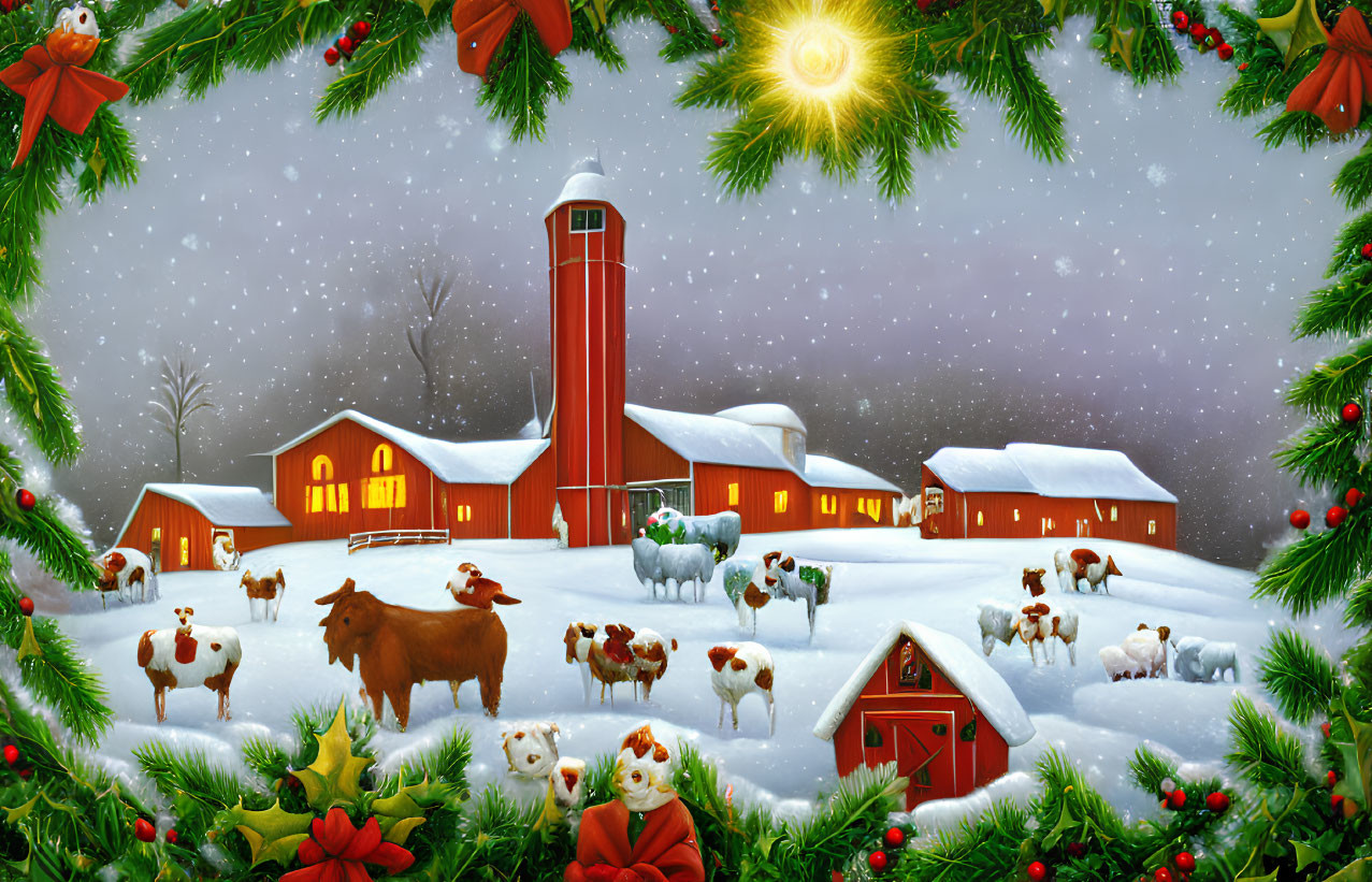 Winter farm scene with red buildings, animals, star, and festive decorations