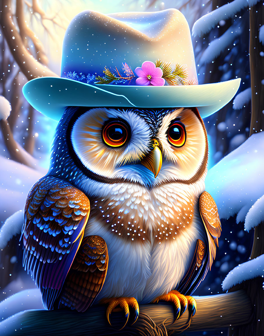 Colorful owl perched on snowy forest branch with blue hat