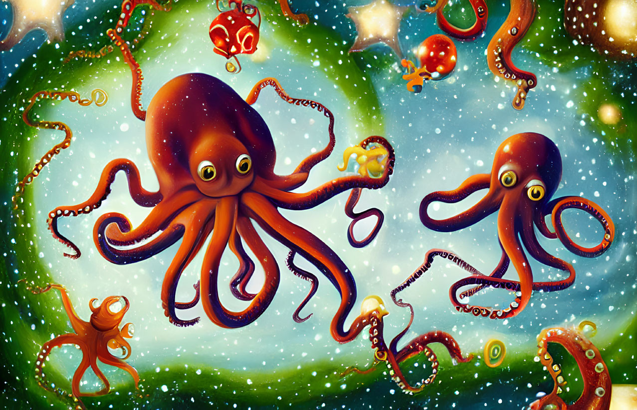 Colorful Octopuses in Space with Cosmic Background