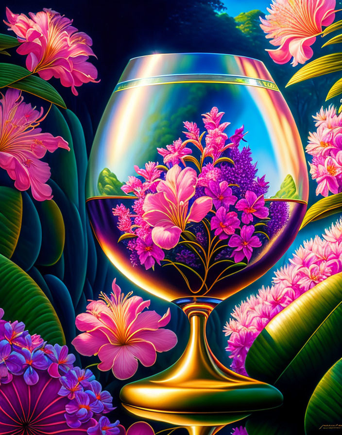 Colorful digital artwork of golden goblet with water and pink flowers in lush tropical setting