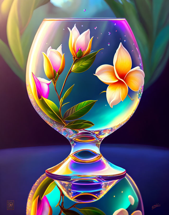 Colorful digital artwork of glass goblet with water, flowers, bubbles, and light