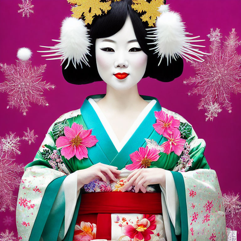 Vibrant portrait of woman in traditional Japanese geisha attire