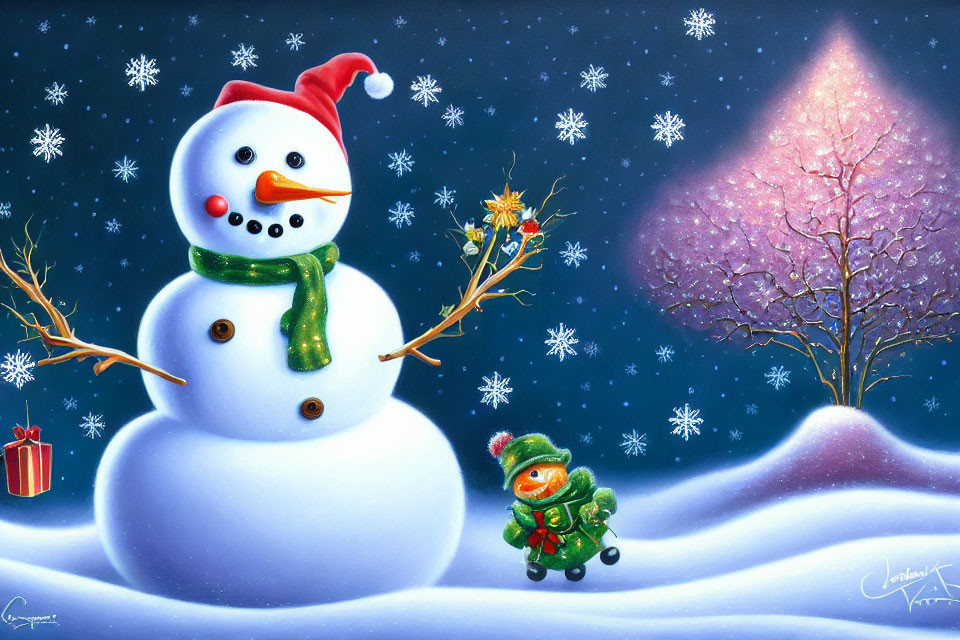 Cheerful snowman with red hat and green scarf in snowy night scene