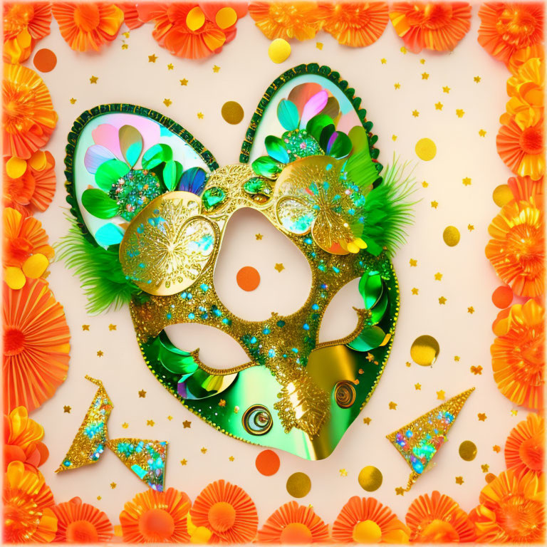 Colorful Mardi Gras Mask with Gold Glitter and Festive Decorations