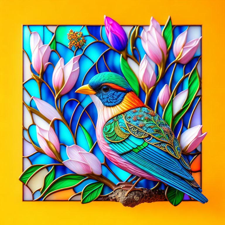 Vibrant bird illustration on branch with pink flowers in stained glass setting