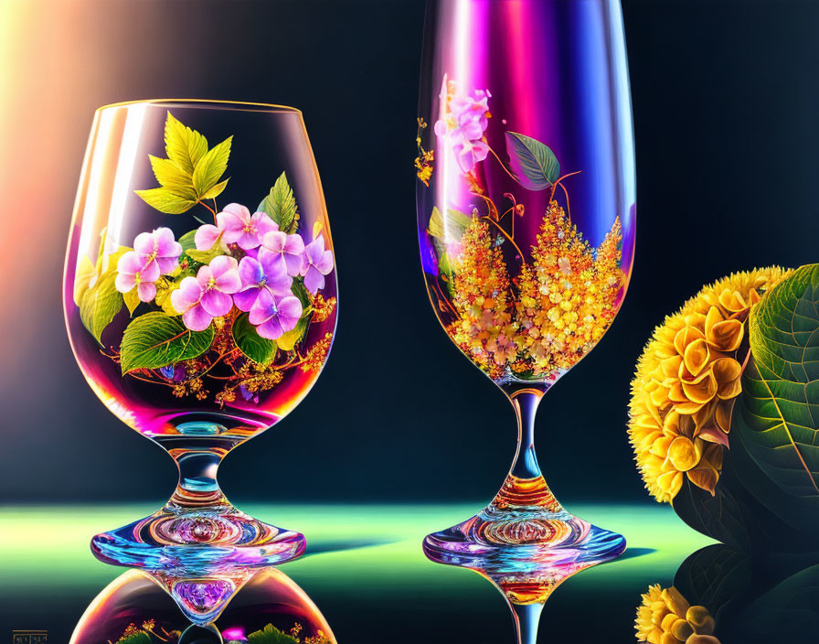 Colorful Floral and Leaf Pattern Wine Glasses on Glossy Surface