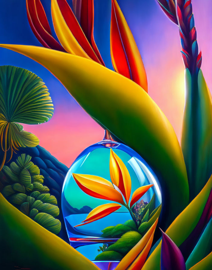 Colorful Surreal Painting of Exaggerated Tropical Flora and Glossy Sphere