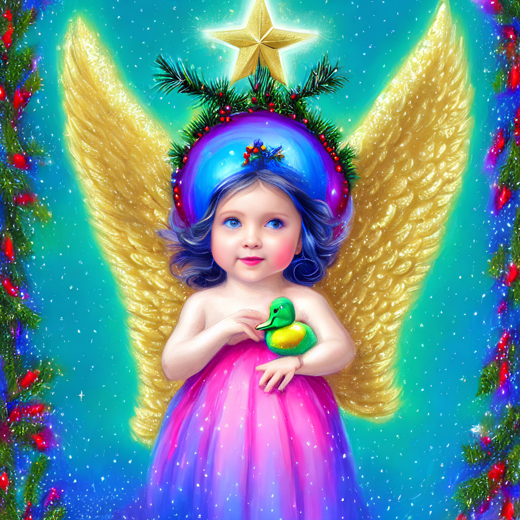 Whimsical illustration of cherubic girl with golden wings and Christmas ornament headpiece on sparkly blue