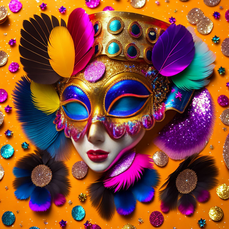 Colorful Feathered Venetian Mask on Glittery Orange Background