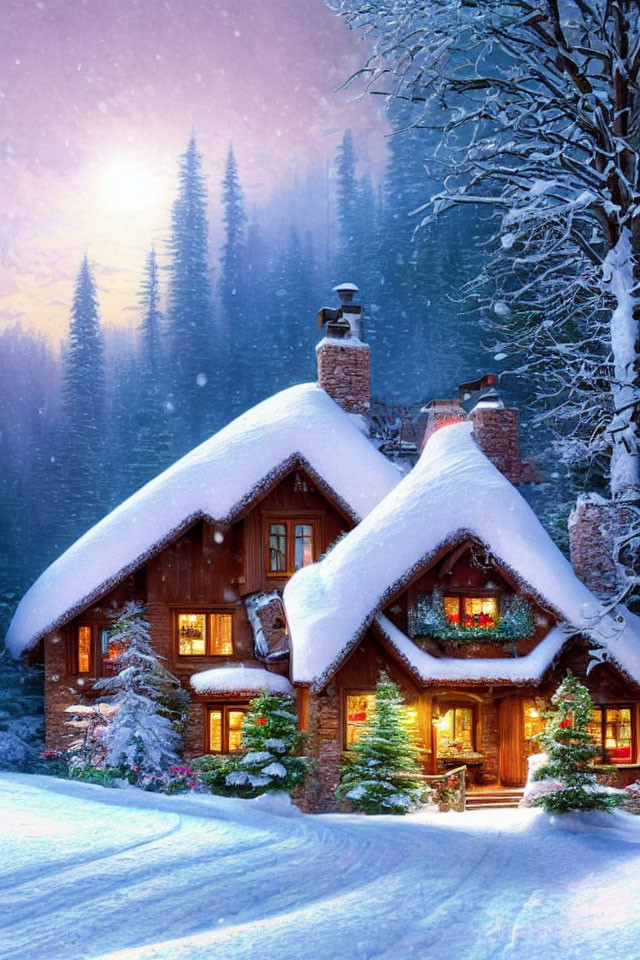 Snow-covered cottage with Christmas decorations in serene forest dusk