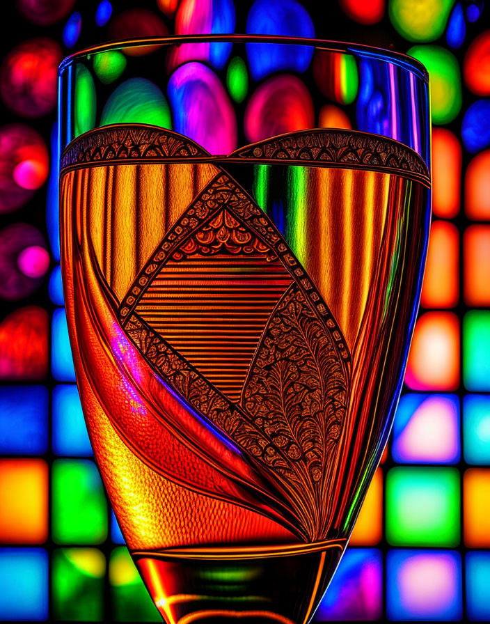 Vibrant stained glass window illuminating intricate patterned glass design