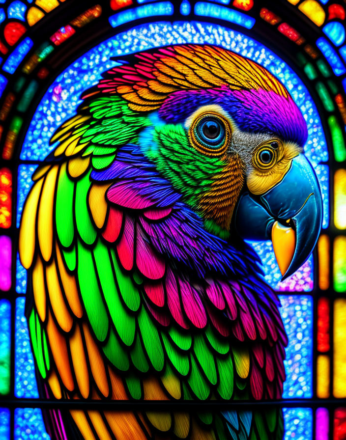 Vibrant parrot illustration against stained glass background