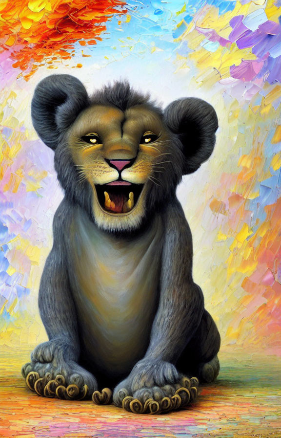 Colorful Smiling Lion Painting on Textured Background