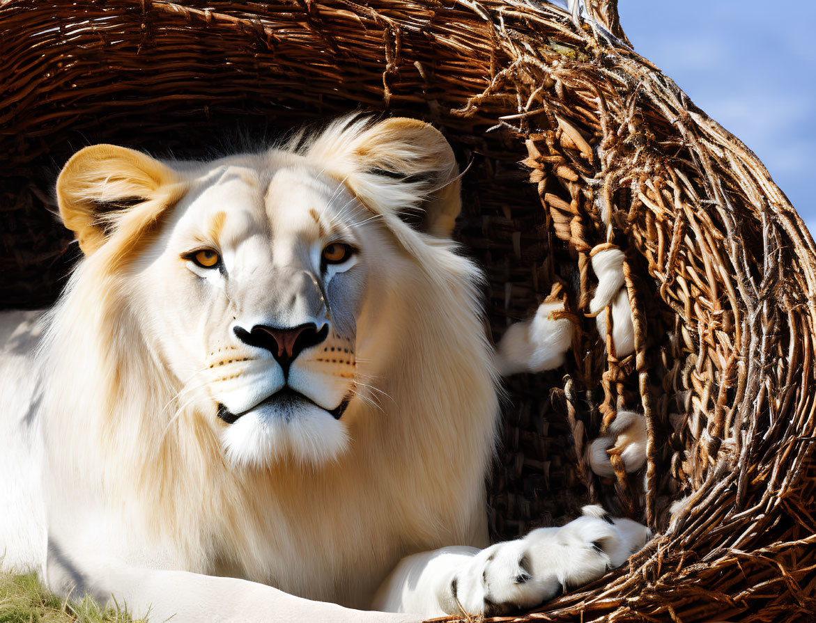 White lion relaxing in woven basket under clear blue sky