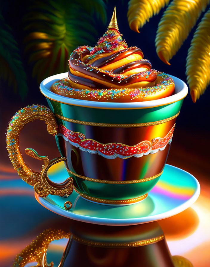 Colorful Sprinkles on Chocolate Swirl Teacup Against Tropical Background